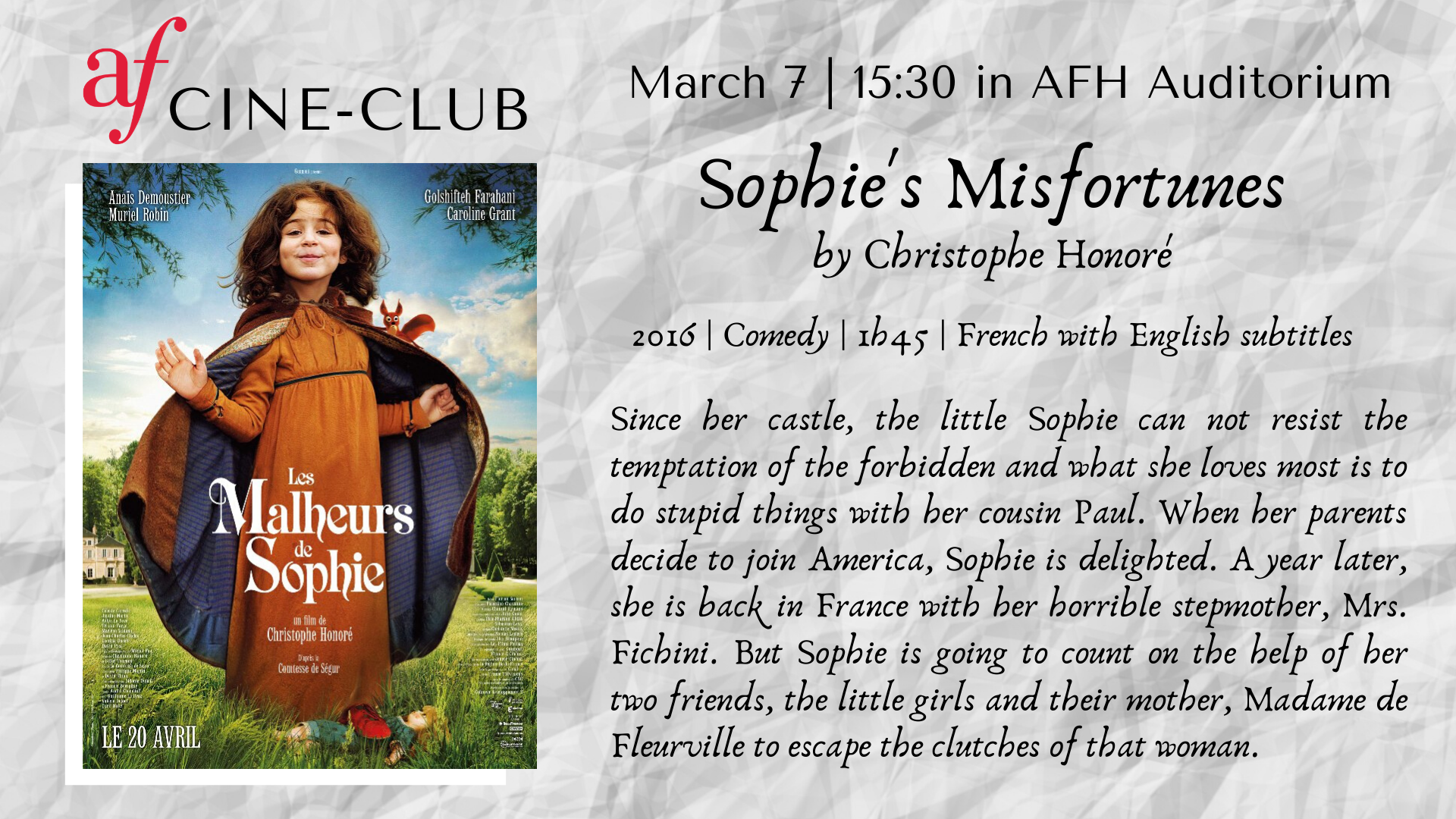 Ciné-Club | Sophie's Misfortunes (2016) | March 7
